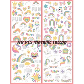 118 PCS Kids Tattoos Temporary for Girls, Unicorn Rainbow Crown Glitter Tattoos, Girls Unicorn Party Decorations Kids Birthday Party Favor Supplies Princess Tattoos Stickers