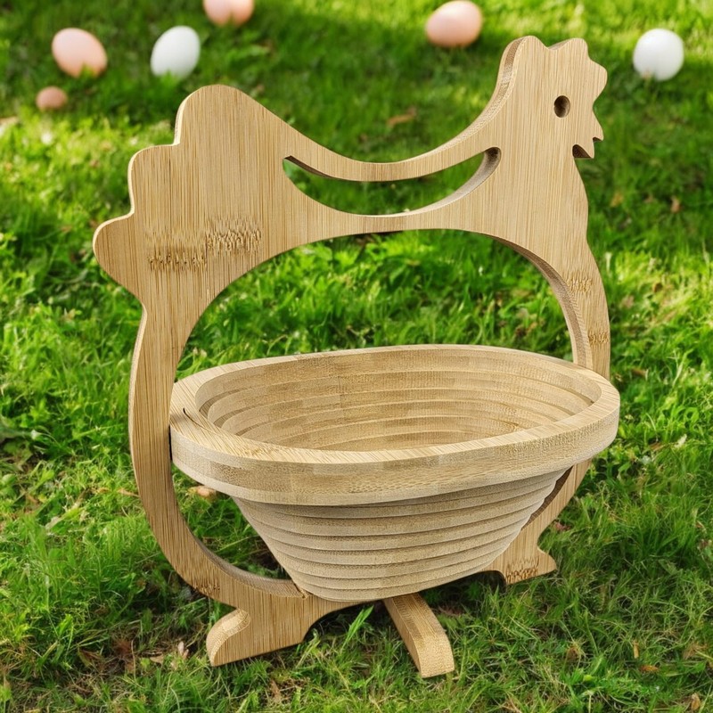 GMMH Foldable Basket Bamboo Decorative Bowl, Fruit Bowl, Wood Chicken