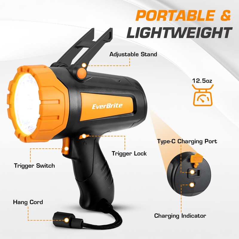 EverBrite Powerful Rechargeable Spotlight, 500lm LED Flashlight with Adjustable Stand,