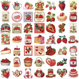 50Pcs Cute Strawberry Stickers for Kids,Red Aesthetic Strawberry Decals for Water Bottle Cute Fruit Stickers for Scrapbook Waterproof Sticker for Laptop Cup Phone Party Supplies