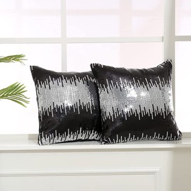 Eternal Beauty Black Silver Sequin Cushion Covers, Pack of 2 Decorative Throw Square Pillowcases for Home Decor with Concealed Zip 18 x 18 inch (45 x 45 cm)