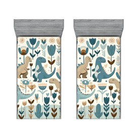 Ambesonne Dinosaur 2 Pack Fitted Sheet, Cartoon Scandi Jurassic, Bed Cover All-Round Elastic Deep Pockets 2 Pieces, Package Contains 2 Twin Size Fitted Sheets, Slate Blue Off White Dusk