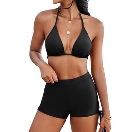 Jolefille Boyshorts Swimsuits for Women-High Waisted Bikini Set 2 Piece Tummy Control Bathing Suit Triangle Top Shorts Bottom