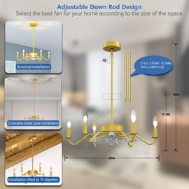 PJEINAGNDOB Ceiling Fan with Branch-Shaped Candlestick Chandelier, Remote Control, 6-Speed, Industrial Modern Ceiling Fan, Suitable for Bedroom, Dining Table, Lobby, Living Room, Office (Gold Colour)