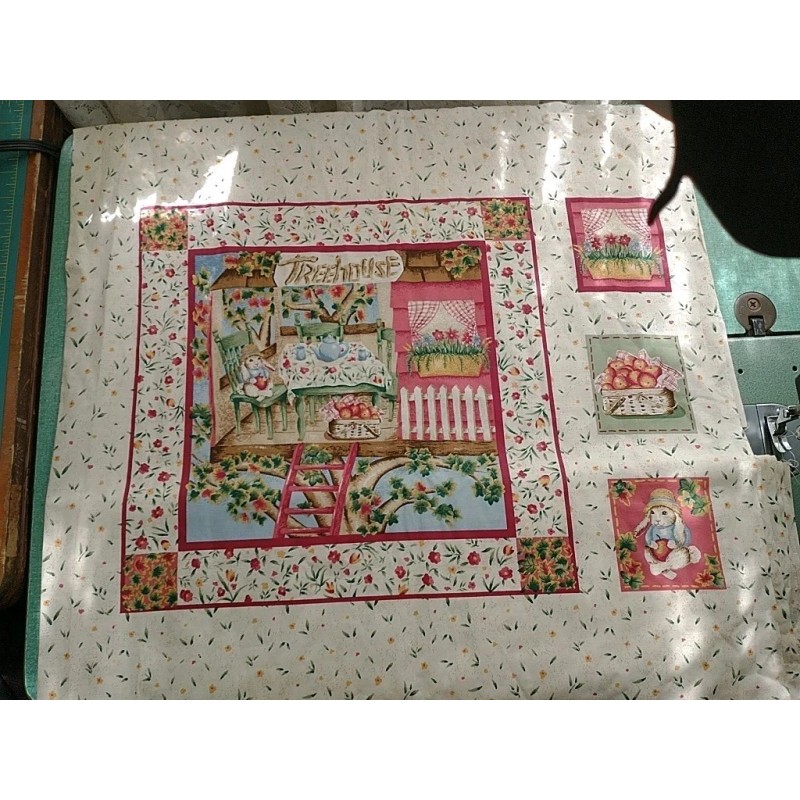 Unbranded Bunny Treehouse Tea Time Fabric Panel Garden Bunny 18"x22"