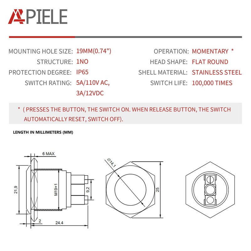APIELE Push Button Switch 19mm Momentary Waterproof Stainless Steel Metal
