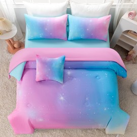 BYHOFMLY 6 Pcs Pink Blue Glitter Comforter Set Queen Size Colorful Rainbow Tie Dye Girls Bedding Galaxy Ombre Kids Bed in A Bag with Sheets (Pink Blue, Queen)