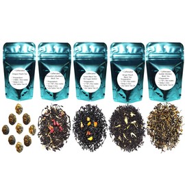 Chinese Tea Culture 5 Black Tea Samplers, Caffeinated, Dragon Pearls Black Tea, Ginger Peach Tea, Strawberry Blueberry Tea, Golden Monkey Black Tea, Sweet Black Tea, Loose Leaf Tea