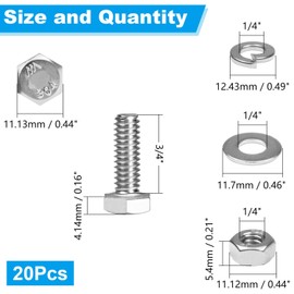 Yinpecly 20 Sets 1/4-20 x 3/4" Hex Head Screw Bolt, Nuts, Flat & Lock Washers, Stainless Steel 304, Machine Fully Thread Hex Bolts, Bright Finish Hexagon Bolt, Nuts and Bolts Assortment Kit