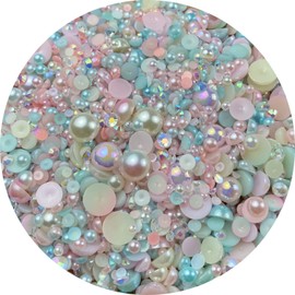 Mix Flatback Pearls and Rhinestone,60g Resin Rhinestones Half Round Pearls for Crafts 3mm-10mm AB Color Half Pearl Flatback Rhinestone for Nail Face Art,Bottles (Light Pink Blue Series)