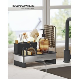 SONGMICS Kitchen Sink Caddy Tidy, Sink Organiser with Sponge Holder, Washing up Caddy for Brushes, Cloths, Soap, Stainless Steel, Space-Saving, Rotatable Spout, Ink Black and Silver KCS555BH01