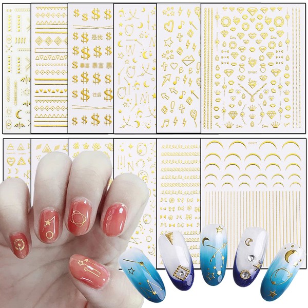 Gold Nail Art Stickers, Holographic 3D Self-Adhesive Sticker Design, Flowers Constellation Moon Star Wave Line Geometry Nail Art Decals for Women Manicure Charms Decoration, DIY Resin Nail Art Tips