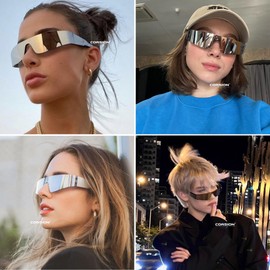 COASION 2000S Silver Futuristic Metallic Sunglasses Cyberpunk Concert Glasses for Women Men, Game 2077 Costume Eyewear (Silver/Silver Mirror + Black/Blue Mirror)