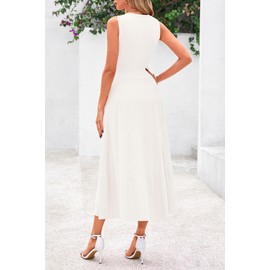 PRETTYGARDEN Spring Casual Dresses for Women 2025 Summer Business Work Midi Sleeveless A Line Pleated Cocktail Dress(White,Large)