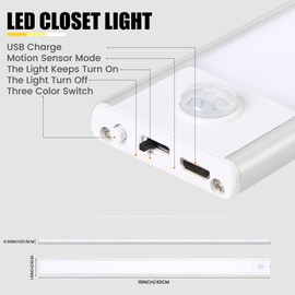 Ejfete Closet Light, 69 LED Adjustable Brightness 3 Colors 16 Inch Rechargeable Smart Motion Sensor Night Light for Wardrobe, Cabinet, Stairs, Bedroom (3 Pack)