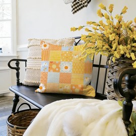 RABUSOFA Plaid Daisy Sunflower Spring Summer Pillow Covers 18x18 inch,Floral Farmhouse Cuhsion Cases Spring Summer Decorations for Home Sofa Holiday Decor