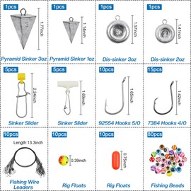 Surf Fishing Tackle Kit Fish Finder Rigs,149pcs Saltwater Fishing Rig Include Pyramid Weight Disc Coin Sinker Pompano Floats Fishing Hooks Sinker Slides Steel Wire with Tackle Box Fishing Equipment
