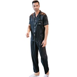 RuanMM Mens Satin Short Sleeve Silky Pajama Bottoms High Quality Button Down Sleepwear Multicolor Silky Mens Pajama Set, Black stripe, M