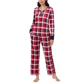 Nautica Pajamas for Women Set, Womens Long Sleeve Henley Pajama Shirt Top & Pants, Cozy Soft Sleepwear Lounge PJ Sets for Women, Women's Winter Warm Fleece PJs Loungewear - Red Plaid, Large