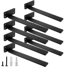 HITOMEN Heavy Duty Floating Shelf Brackets, 10-Inch (1/5'' Thick) Hidden Shelves Hardware, Cast Iron L Brackets, Rustic Industrial Black Metal Wall Shelving Supports, 8 Pack