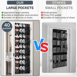 Hualleko Over the Door Shoe Organizer,40-Pocket Hanging Shoe Rack for Closet Door,Shoes Storage Holder Hanger with Large Mesh Pocket for Women Men Shoes,Flip Flops(Black)
