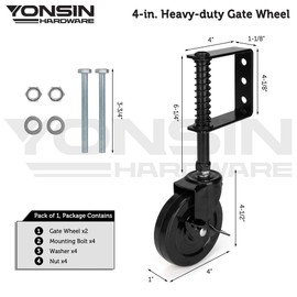 YONSIN 4" Heavy Duty Spring Loaded Gate Caster Wheel with Side Brake, Drag Gate Wheels with 360° Swivel for Wooden Gate Fence, Metal Tube Gate, Anti Sag Gate Kit, 200 Lbs Capacity, 2 Pcs, Black