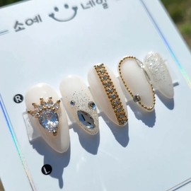 Elegant gold zircon chain handmade nail tip - Coffin / 우아한 골드 지르콘 체인 수제네일팁 - 코핀