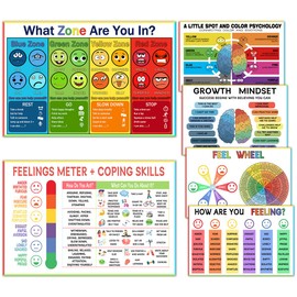 6 Zone of Regulation Posters, Feeling Wheel Poster, Growth Mindset Poster, Feelings Chart For Kids, Emotions Poster, Calm Down Corner Poster, Autism Sensory Products, Set of 6 (12×18inch)
