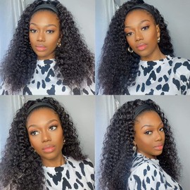 Headband Wig Human Hair Deep Wave 20 Inch Glueless None Lace Front Wigs Machine Made Half Wigs for Black Women 150% Density Deep Curly Wave Headband Wigs Human Hair Natural Color