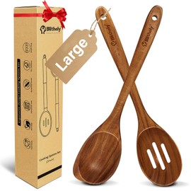 2 Pack Large Wooden Spoon Set for Cooking, Natural Teak Wood Slotted Spoon, Heat-Resistant Wooden Cooking Spoon Set for Serving and Mixing