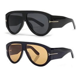 Trendy Retro Oversized Aviator Sunglasses for Women Men 70s Unique Luxury Thick Classic Sun Glasses(Black+Black/Brown)