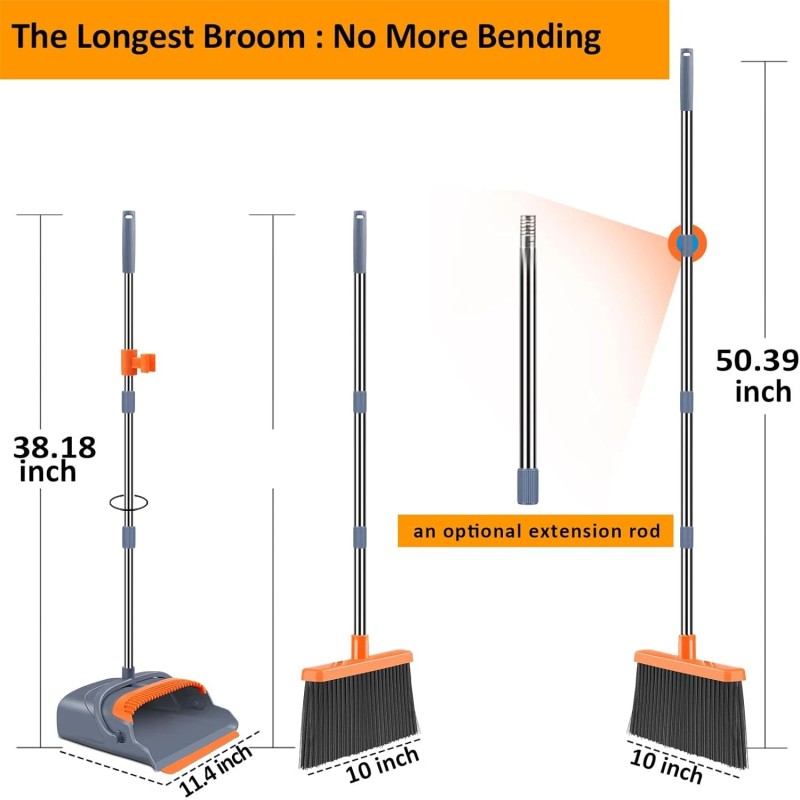 kelamayi Upgrade Broom and Dustpan Set, Self-Cleaning with Dustpan Teeth,