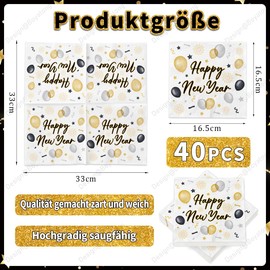 Pack of 40 Napkins New Year's Eve Happy New Year, New Year's Eve Decoration 2025, New Year's Eve Napkins for New Year's Eve Table Decoration, New Year Party Decoration (33 x 33 cm)