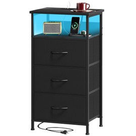 Somdot Black Nightstand with Charging Station and LED Light for Bedroom, Tall 3 Drawers Dresser with Fabric Bins for Bedside Kids Dorm Room Closet Laundry Entryway, Black