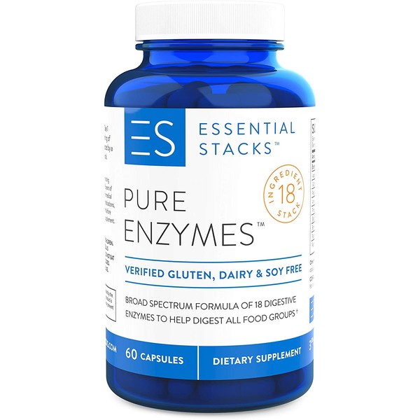 Essential Stacks Pure Digestive Enzymes - Gluten Free, Dairy Free & Soy Free with 3rd Party Verified Allergen Testing – Smart Blend of 18 Powerful Digestive Enzymes So You Can Digest All Food Groups