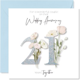 21st Anniversary Card for Women Men - Fancy Floral Flowers - Happy 21 Year Anniversary Card for Dad Brother Sister Friends, 145mm Wedding Anniversaries Greeting Cards