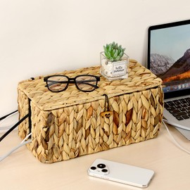 BSTKEY Water Hyacinth Cord Storage Basket with Lid, Hand-woven Cable Management Storage Box Decorative Data Cable Basket Socket Holder with 2 Side Open Slots for Countertop Floor (Size L)
