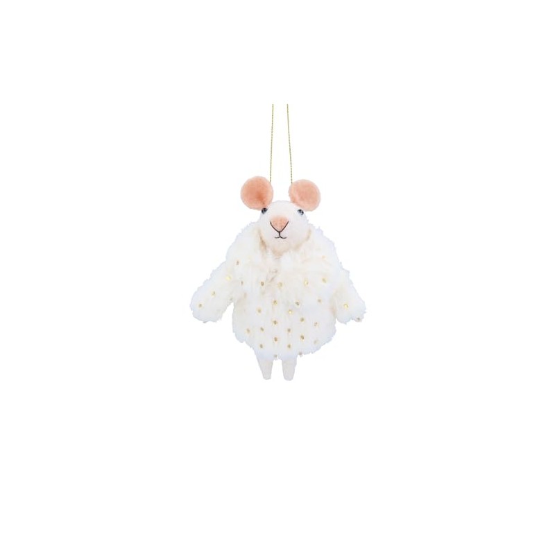 Gisela Graham Wool Mouse with White Coat 13x10x4cm Hanging Tree