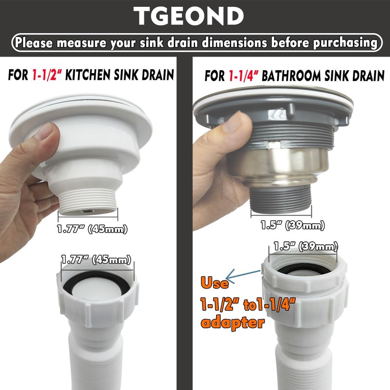 TGEOND Flexible P-Trap 1-1/2""with 1-1/4"" Adapter, Adjustable Sink Drain Pipe