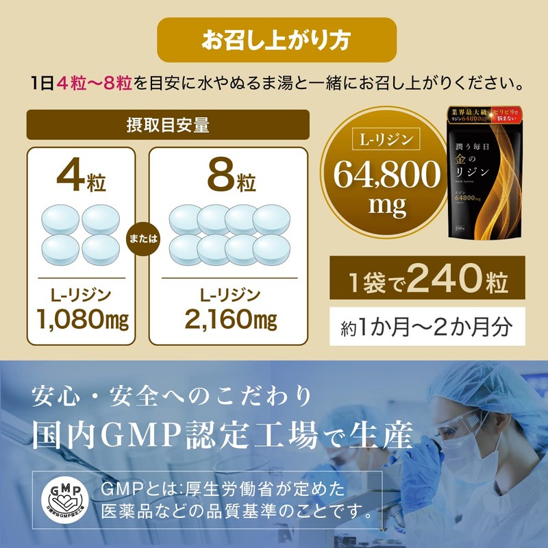金のリジン リジン サプリ 64800mg L-リジン配合 国産 240粒 30～60日分 GMP国内工場製造