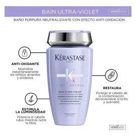 Kit Tratamiento Matizador para el Cabello Rubio Kerastase Shampoo Morado Bain Ultraviolet 250 ml y Serum Cicanuit 90 ml                               