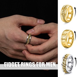 EIELO 12Pcs Rings for Men Stainless Steel Band Rings Square Signet Rings Pinky Thumb Ring Gold Chunky Thick Dome Band Cuban Link Chain Ring Simple Cool Finger Ring Wedding Band Ring for Men Size 9