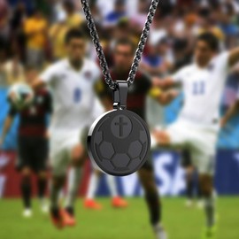seensea Sports Pendant Necklace Black Soccer Inspirational Bible Verse Luke 1:37 Christian Gift for Men (Black soccer)