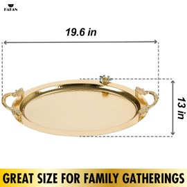 Ornamental Big Oval Gold Serving Tray with Leaf Handles, Anti Tarnish Serving Tray, Hammered Design Service Tray, Large, 19.6" x 13", Gold, Silver (Gold)