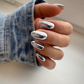 Silver Chrome Press on Nails Medium Almond Nails Press ons Metallic Nails Glue on, Acrylic Nails Fake Nails for Women, Thick Shinny Glazed False Nails Glue on Nails Medium Oval Nails for Party 24Pcs