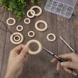 60Pcs Anelli in Legno Naturale per Artigianato, Anello da Dentizione Bambino, Incompiuto Macrame Rotondi Cerchi per Creazione Gioielli, Connettori Pendenti, 55/40/30mm