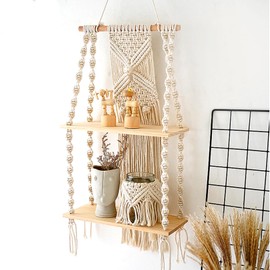 IGTOPS Wooden Wall Shelf with Boho Macrame Decorative Floating Shelf, Wall Hanging Shelf with Double Layer, 75 x 30 cm, Hand-Woven Natural Driftwood Hanging Shelf for Balcony, Plants