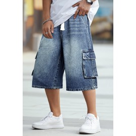 GINGTTO Mens Baggy Jean Shorts Long Wide Leg Jean Shorts Men Cargo Oversized Denim Shorts for Men Capri 15 Inch Blue 40