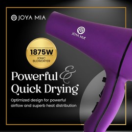 JOYA MIA Anemoi 1875W Ceramic Hair Dryer with Attachments - Lightweight & Portable for Women 3 Heat/2 Speed Settings with Cool Shot Ideal for Fine Curly Frizz-Prone Hair Salon Like Blowdryer - Purple