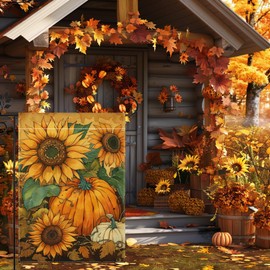 Fall Sunflower Garden Flag for Outside, Thanksgiving Pumpkin Garden Flag, Welcome Fall Garden Flag 12x18 Inch Double Sided Burlap, Outdoor Yard Flag Decorations for Home（Only Garden Flag）